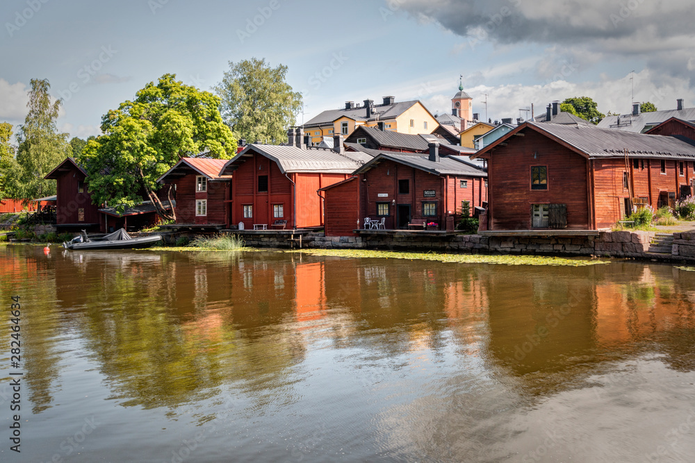 Porvoo, Finland  - Embankment of the city of Porvoo.  Old red barns on the embankment of the Porvoonjoki River.