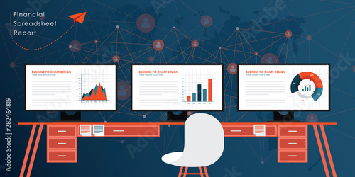  Big data analyze on computers vector illustration, flat cartoon monitors analytics information research, charts, diagrams and graphs, concept of statistics report, computer cloud technology