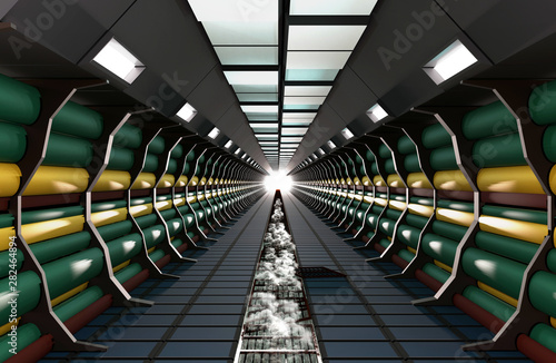 Sci-Fi modern cylinder corridor illuminated with spot lights suitable for Science room background, Railway tunnel Background, and Spaceship inside background., 3d render
