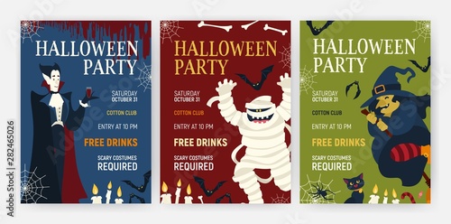 Bundle holiday flyer or poster templates with Halloween characters - vampire drinking blood, mummy, witch and cat. Vector illustration for party announcement, holiday event advertisement or promo.