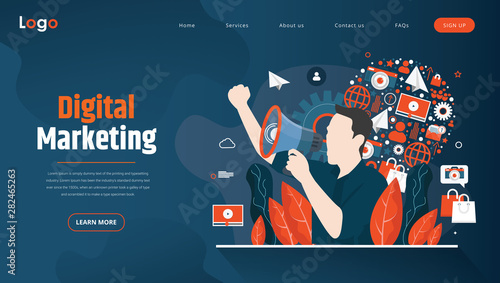  Business concept of marketing for website, landing page template. Content advertising and business promotion on the Internet.Vector 
