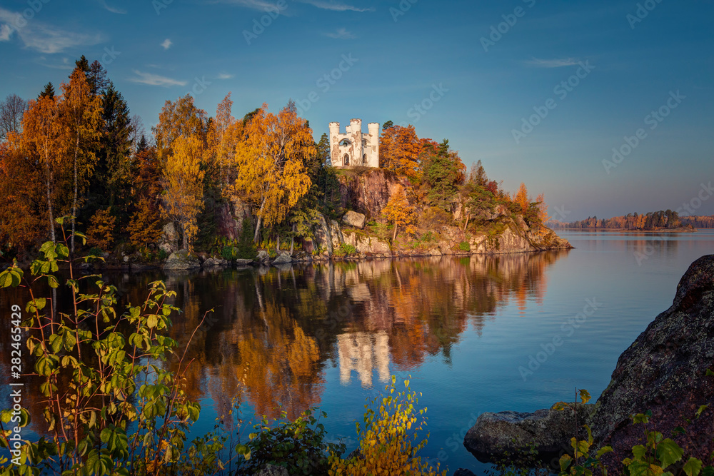 Autumn view of the Monrepos Park, Vyborg, Leningrad Region. Beatiful autumn landscape