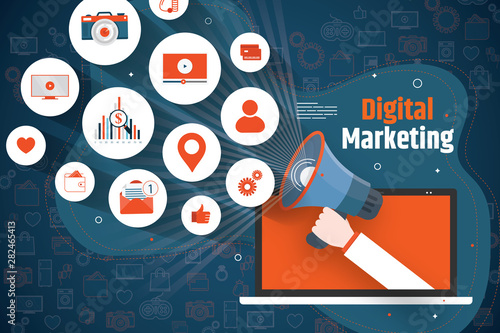 Online marketing campaign, digital content promotion and marketing, internet advertising flat vector illustration. Viral marketing, online ads design for web banners