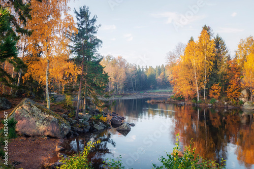 Autumn view of the Monrepos Park, Vyborg, Leningrad Region. Beatiful autumn landscape