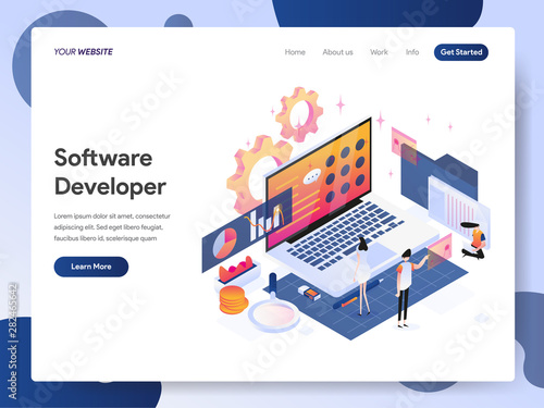 Landing page template of Software Developer Isometric Illustration Concept. Modern design concept of web page design for website and mobile website.Vector illustration EPS 10