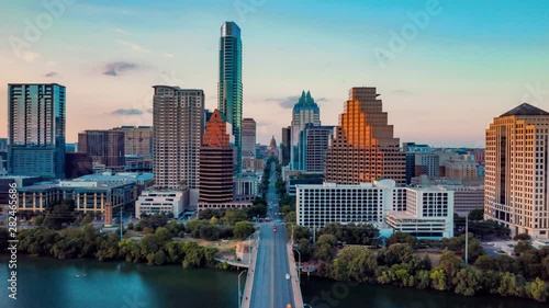4K Aerial Time Lapse Hyperlapse Austin Skyline Texas Sunset Congress Bridge