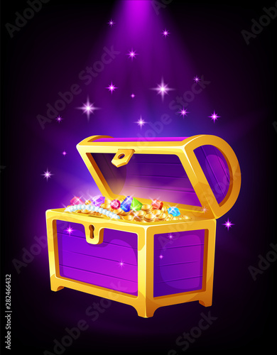 Open purple chest with golden coins and jewelry inside