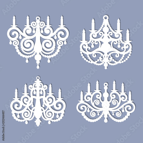 Laser cut chandelier template. Vector silhouette isolated on gray background.