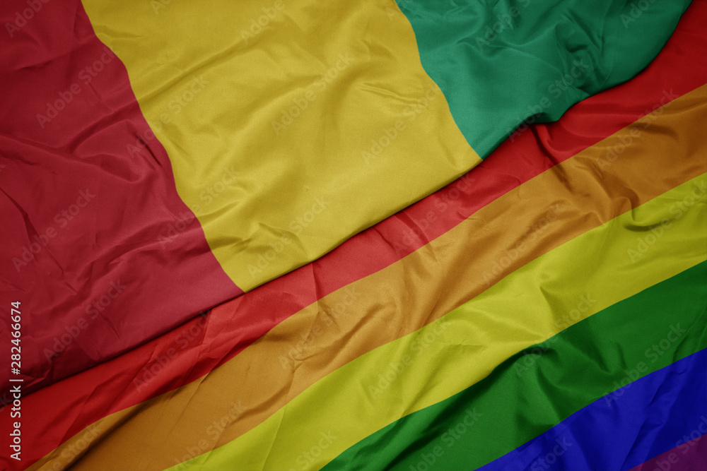 waving colorful gay rainbow flag and national flag of guinea.