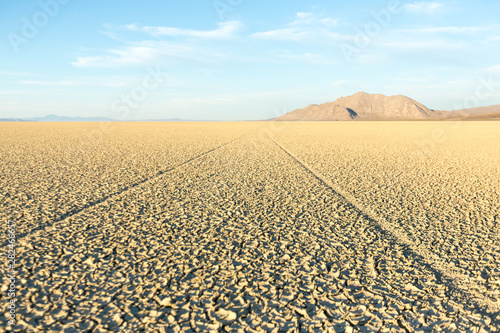 Tire tracks running across the black rock desert playa