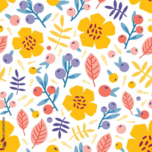 Floral seamless pattern with blooming summer meadow plants. Botanical backdrop with flowers and berries on white background. Flat vector illustration for wrapping paper, textile print, wallpaper.