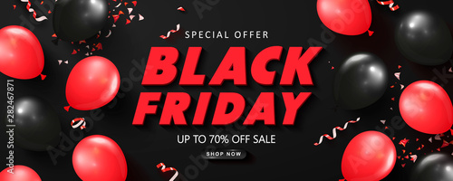 Black friday sale background with balloons and serpentine. Modern design.Universal vector background for poster, banners, flyers, card.