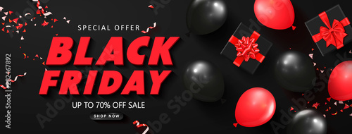 Black friday sale background with balloons,gift boxes and serpentine. Modern design.Universal vector background for poster, banners, flyers, card.