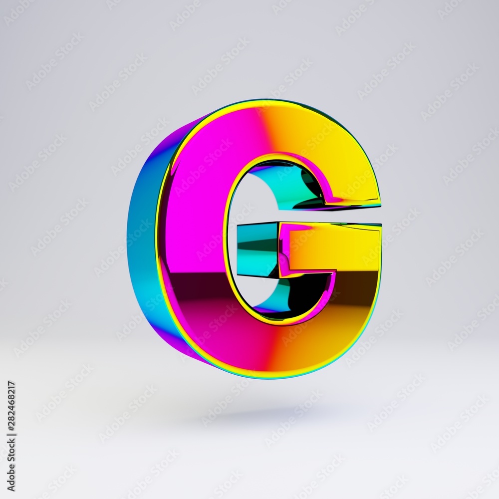 Obraz premium Holographic 3d letter G uppercase. Glossy font with multicolor reflections and shadow isolated on white background.