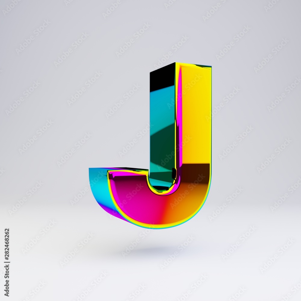 Holographic 3d letter J uppercase. Glossy font with multicolor reflections and shadow isolated on white background. Holographic 3d letter J uppercase. Glossy font with multicolor reflections and shadow isolated on white background.
