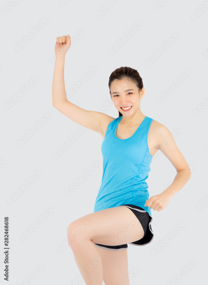 Beautiful portrait young asian woman in sport clothes cheerful with satisfied and confident isolated on white background, asia girl have shape and wellness, exercise for fit with health concept. Beautiful portrait young asian woman in sport clothes cheerful with satisfied and confident isolated on white background, asia girl have shape and wellness, exercise for fit with health concept.