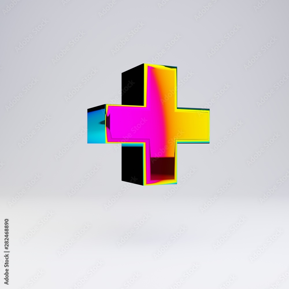 Obraz premium Holographic 3d plus symbol. Glossy font with multicolor reflections and shadow isolated on white background.