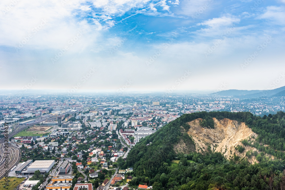 City Graz aerial view with districts Gösting, Eggenberg and quarry City Graz aerial view with districts Gösting, Eggenberg and quarry
