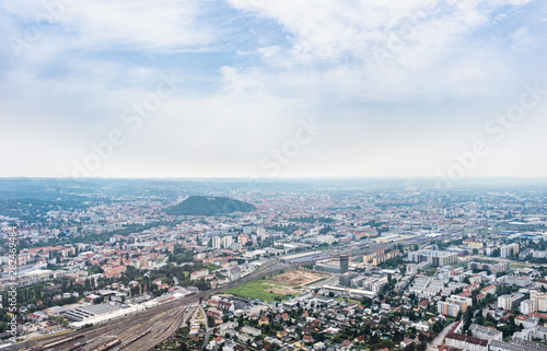 City Graz aerial view with district Gösting and railway station