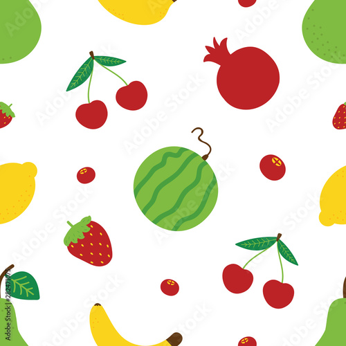 Seamless pattern background with vector cartoon style colorful fruits and berries.