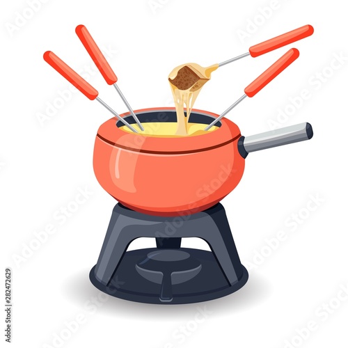 Fondue pot with assorted delicious traditional swiss cheese with burner and long handled forks with bread for dipping on white background. Vector