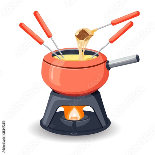 Fondue pot with assorted delicious traditional swiss cheese with burner and long handled forks with bread for dipping on white background. Vector