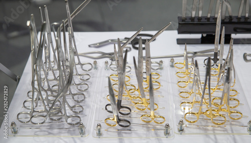 Close-up of surgery tools for doctor use in operation room hospital