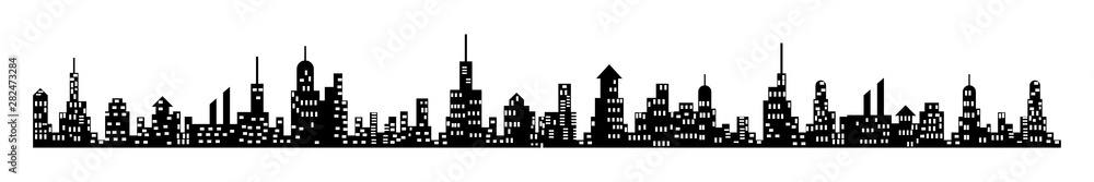 City skyline long silhouette, black isolated on white background, vector illustration.