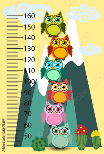 Kids height meter with cute owls. Funny stadiometer from 50 to 150 centimeter.