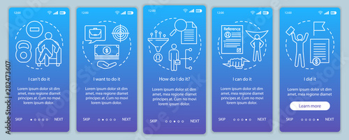 Motivation onboarding mobile app page screen with linear concepts. Goal achieving, problem solving. Getting job. Steps graphic instructions. UX, UI, GUI vector template with illustrations