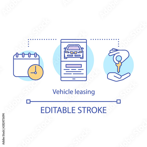 Vehicle leasing concept icon. Automobile hire, buying idea thin line illustration. Car rental. Auto rent, buy, sale. Automobile deal. Vector isolated outline drawing. Editable stroke