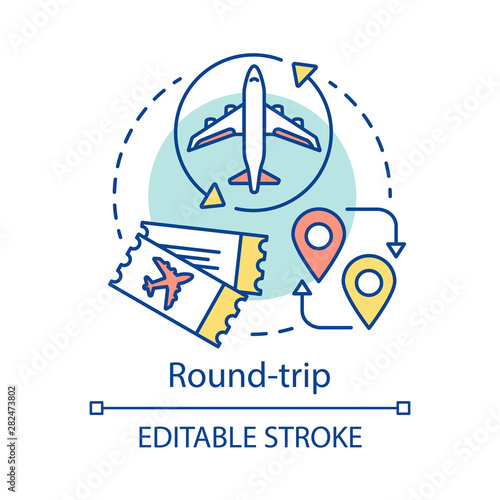 Round-trip concept icon. Return ticket idea thin line illustration. Travelling by plane, airplane trip. Aircraft flight route, path. Airline transfer. Vector isolated outline drawing. Editable stroke