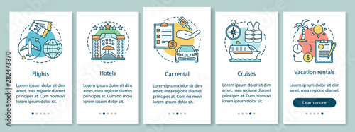 Travel planner onboarding mobile app page screen with linear concepts. Hotel, flight, cruise, vacation rentals walkthrough steps graphic instructions. UX, UI, GUI vector template with illustrations