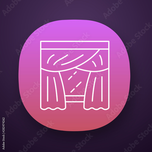 Priscilla curtains app icon. Panel pair with attached valance hanging on curtain rod. Bedroom drapes. Home interior decor. UI/UX user interface. Web or mobile application. Vector isolated illustration