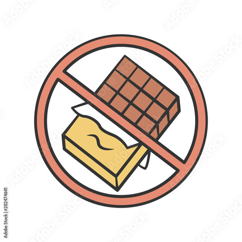 Chocolate free product color icon. No sugar, sweetener and glucose sign. Zero calories, diabetic diet, healthy eating. Sweets, junk food refuse. No chocolate bar isolated vector illustration