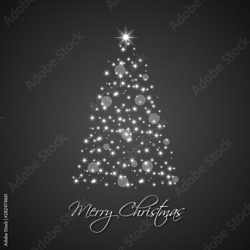 Christmas tree from stars on black background  holiday greeting card with merry christmas sign