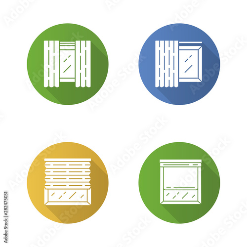 Window coverings and curtains flat design long shadow glyph icons set. Panel pair, tracks, pleated blinds, roller shades. Interior design, home decor shop. Vector silhouette illustration
