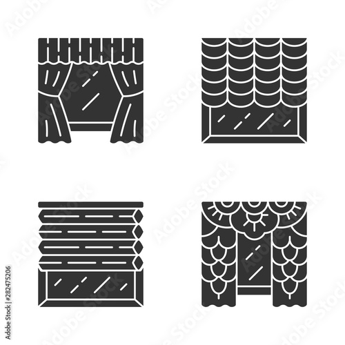 Window blinds glyph icons set. Austrian shades, lace curtains, window treatment set. Room darkening decoration. House decor. Office interior design. Silhouette symbols. Vector isolated illustration