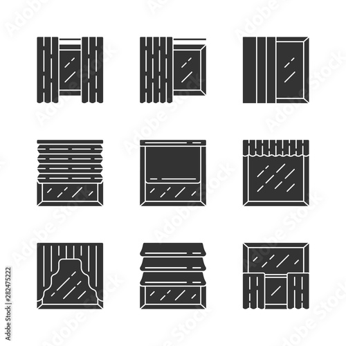 Window shutters glyph icons set. Roller, roman shades, swags, valance. Motorized jalousie. House and office window decoration. Home interior shop. Silhouette symbols. Vector isolated illustration