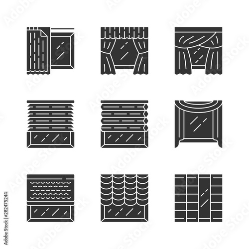Jalousie and curtains glyph icons set. Cellular shades, window treatment set, scarf, liner. Home, office interior accessory. Living room decoration. Silhouette symbols. Vector isolated illustration