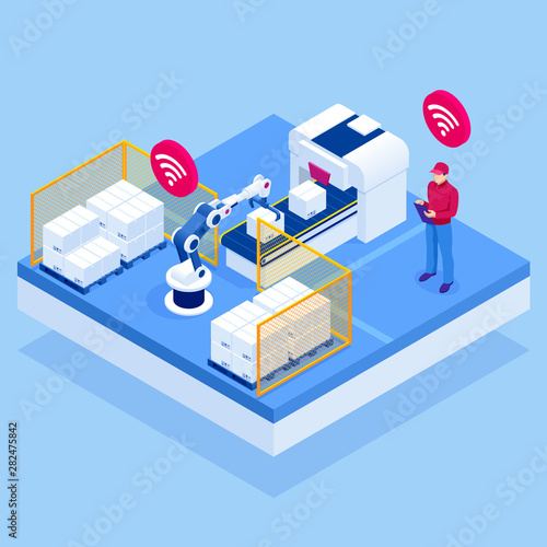 Isometric iot smart industry 4.0 with development production packaging and delivery steps. Automation robotic arm working in operation machine zone in factory.