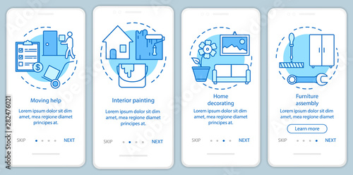 Home services onboarding mobile app page screen with linear concepts. Interior painting. Four walkthrough steps graphic instructions. Home decorating. UX, UI, GUI vector template with illustrations