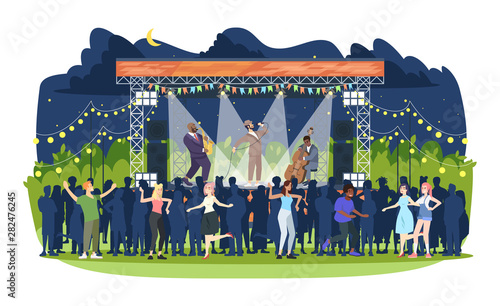 Jazz music festival flat vector illustration. Night retro concert in park. Open air live performance. People having fun at jam session. Rock-n-roll party. Musicians and spectators cartoon characters