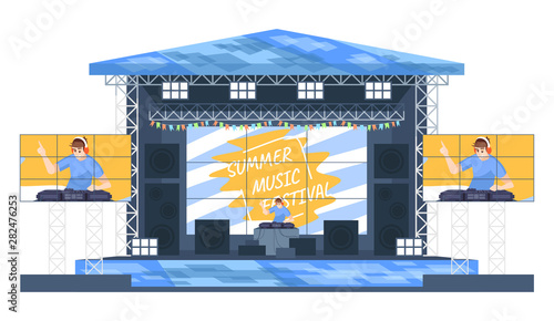 Summer DJ music festival flat vector illustration. Electronic musicfest. Turntablist creating new mix. Open air live performance. Deejay on stage isolated cartoon character on white background