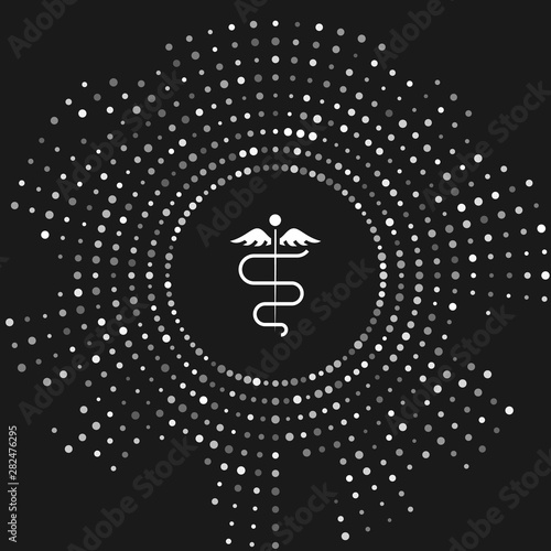 White Caduceus snake medical symbol icon isolated on grey background. Medicine and health care. Emblem for drugstore or medicine, pharmacy. Abstract circle random dots. Vector Illustration