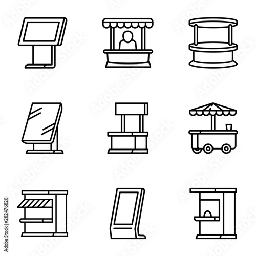 Street shop kiosk icon set. Outline set of 9 street shop kiosk vector icons for web design isolated on white background