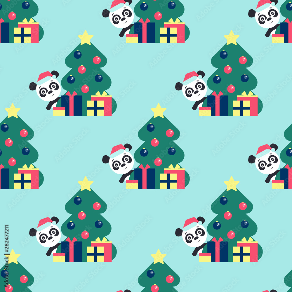 Vector seamless background. Cute panda looks out from behind a tree with balls. Funny character with presents. Happy new year.