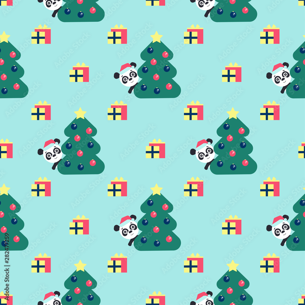 Vector seamless background. Cute panda looks out from behind a tree with balls. Funny character with presents. Happy new year. Vector seamless background. Cute panda looks out from behind a tree with balls. Funny character with presents. Happy new year.