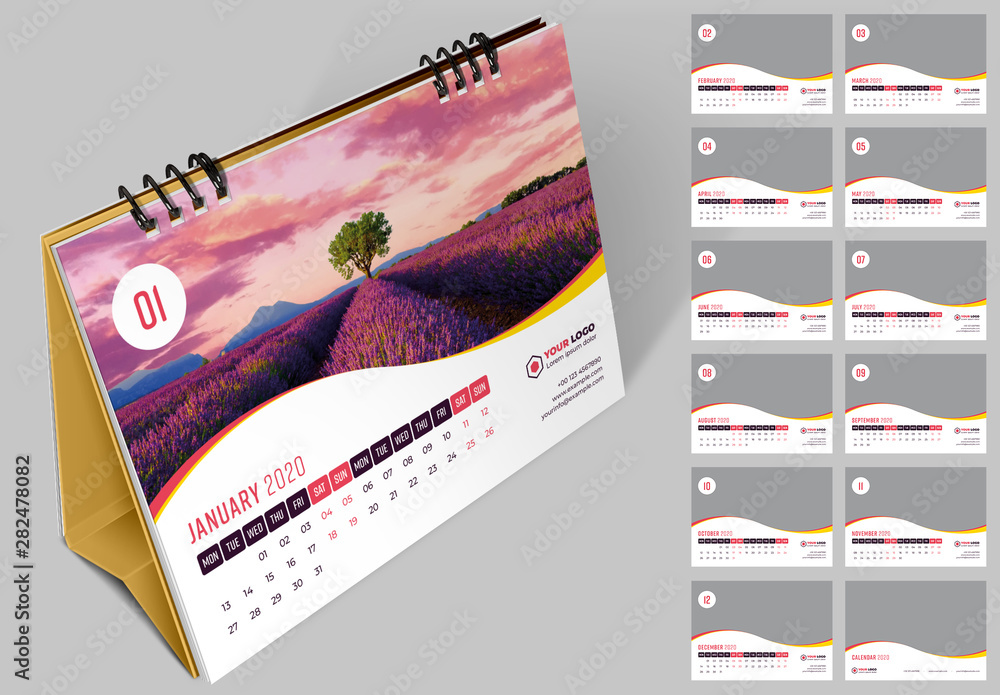Desk Calendar Layout with Red and Yellow Accents Stock Template Adobe Stock