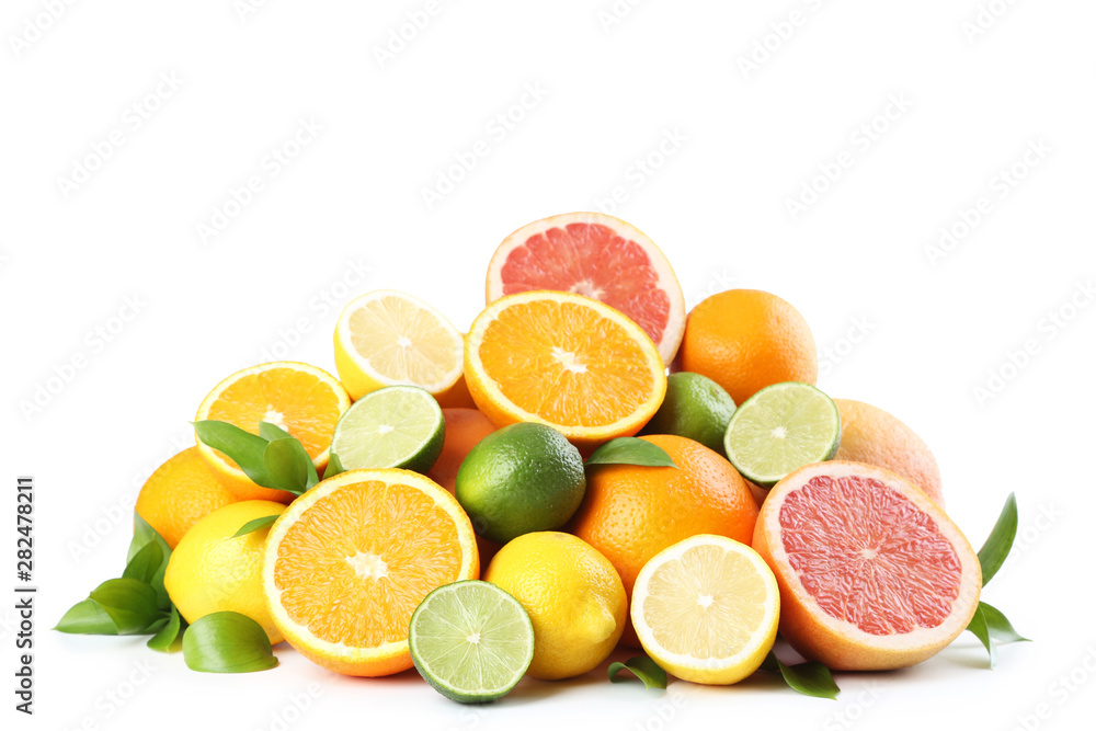 Citrus fruits with green leafs isolated on white background Citrus fruits with green leafs isolated on white background